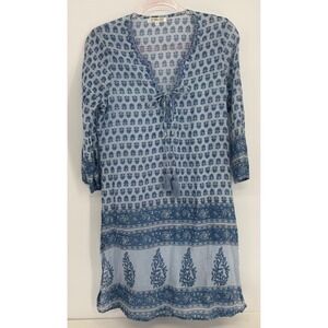 Debbie Katz South Beach Blue Floral Cotton Gauze Tunic Dress Boho Tassel Sz M